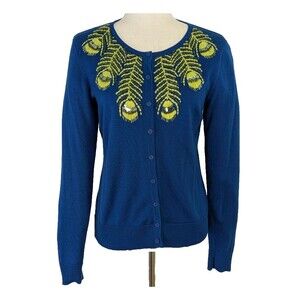 Tabitha SM Blue Peacock Feather Embroidered Sequin Beaded Cardigan Sweater